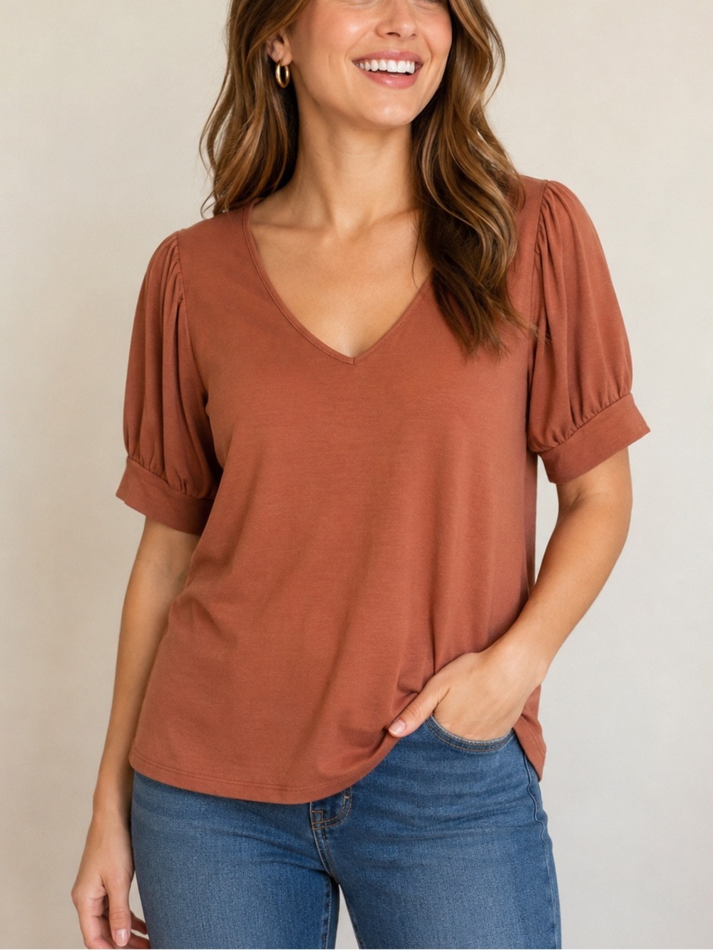 Kim & Cami V-Neck Puff Sleeve Blouse